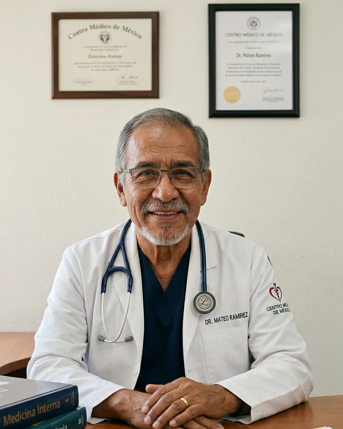 Doctor en su consultorio, de bata y con estetoscopio, sonriendo